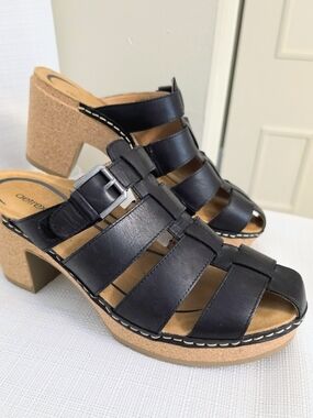 Aetrex Cally Leather Platform Sandals Wm 10 Slip On Cork Sole Closed Toe